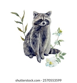 Raccoon sitting with green twig and white flower, watercolor. Vector illustration of forest animal. For cards, covers, labels, wildlife protection day