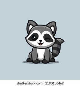 Raccoon Sitting Winking Cute Creative Kawaii Cartoon Mascot Logo