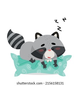 Raccoon sleep with the sound ZZZ on the pillow. Drawn in cartoon style. Vector illustration for designs, prints and patterns. Isolated on white background
