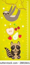 Raccoon sloth and apple pear strawberry cherry on green background Children height meter wall sticker. Vector