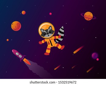 Raccoon in space, colorful character illustration, universe concept. Stylized cartoon animal face