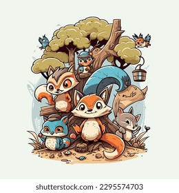Raccoon and Squirrel T-shirt Design - A group of mischievous cartoon animals