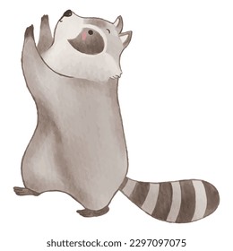 Raccoon is standing and climbing . Watercolor paint design . Cute animal cartoon character . Vector .