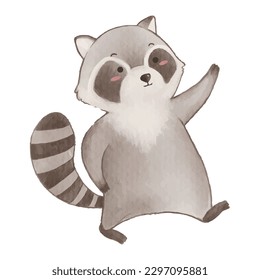 Raccoon is standing and walking . Watercolor paint design . Cute animal cartoon character . Vector .