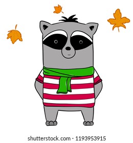 Raccoon stands in a striped t-shirt and a green scarf. Fall on top of the autumn leaves. The picture is made in a vector.