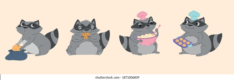 Raccoon steals cookies, eats cookies, cooks, bakes. Vector illustration, character, cartoon.