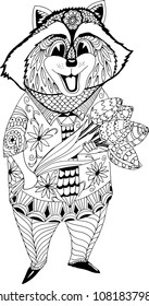 Raccoon in a suit holding of flowers. Freehand sketch drawing for adult antistress coloring book
