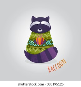 Raccoon in a sweater and a gift. Vector illustration