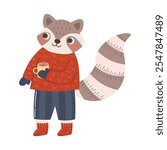 Raccoon in sweater, pants with cup of coffee. Cute flat vector winter forest animal character or mascot on transparent background for cards, scrapbooking, social media, animation.