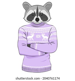Raccoon in a sweater with a winter pattern with deer. Vector print illustration for sweatshirts, sweatshirts, t-shirts, posters, cards, pet supplies	