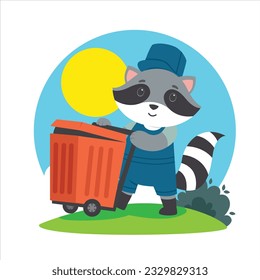 Raccoon Taking Garbage Out Cartoon Illustration