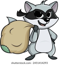 Raccoon thief carrying loot vector illustration