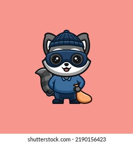 Raccoon Thief Cute Creative Kawaii Cartoon Mascot Logo