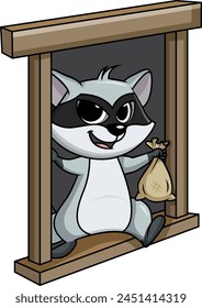 Raccoon thief escaping from a window vector illustration