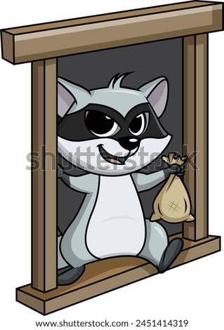 Raccoon thief escaping from a window vector illustration