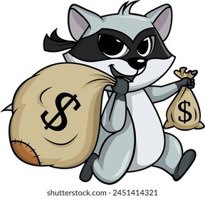 Raccoon thief running away with booty vector illustration