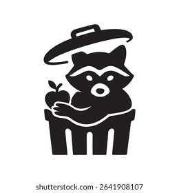 Raccoon in a trash can holding an apple black and white graphic illustration style design element