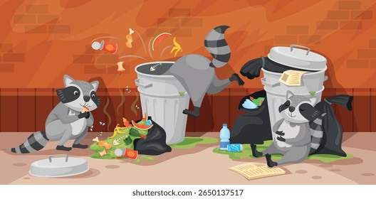 Raccoon trash cans. Racoons eat in garbage bin, funny racoons eating food waste on street alley dirty city junk raccoons animals characters, cartoon neat vector illustration original artwork