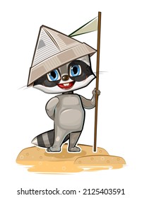 Raccoon is traveler. Child Game. Look for pirate treasures on island and have fun in sea adventures. Cute baby animal. Cartoon style. Isolated on white background. Vector.