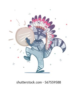 Raccoon tribal shaman with a tambourine dance. Children's illustration of a raccoon. Illustration can be used to print on a T-shirt on the cover of the book, an invitation to a holiday. 