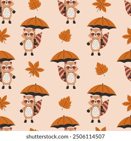 Raccoon with Umbrella Fall Seamless Pattern. Cozy Autumn repeat vector illustration with Animal and Leaves. Trendy Seasonal background in Flat style for Kids and Wallpapers