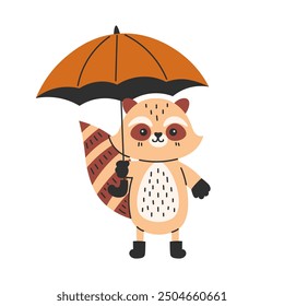 Raccoon with Umbrella Vector illustration. Adorable Hand drawn coon animal in boots and gloves. Autumn Fall design element for seasonal greeting card poster