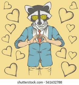 Raccoon Valentine day vector concept. Illustration of raccoon head on human body. Raccoon showing heart shape
