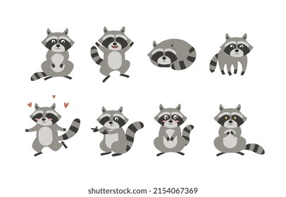 Raccoon in various poses with different emotions in flat vector illustration isolated on white background. Set of cute cunning, sleeping, having fun, laughing little animals. Collection of funny coons