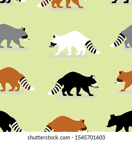 Raccoon vector animals seamless pattern on green background . Concept for print, web design , textile , cards
