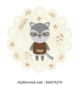 raccoon. vector illustration cartoon, mascot. funny and lovely design. cute animal on a floral background. little animal in the children's book character style.