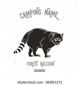 Raccoon vector illustration. European animals silhouettes vintage. Camping logo design.