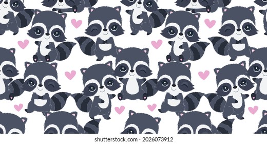 patrón sin fisuras del vector raccoon. Ideal para fondo de pantalla de primavera y verano, fondos de fondo, invitaciones, proyectos de diseño de envases. 
Diseño de patrones de superficie.