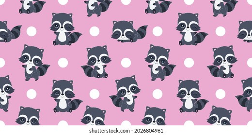 patrón sin fisuras del vector raccoon. Ideal para fondo de pantalla de primavera y verano, fondos de fondo, invitaciones, proyectos de diseño de envases. 
Diseño de patrones de superficie.