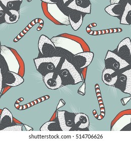 Raccoon vector seamless pattern illustration. Raccoons head with santa hat