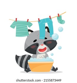 The raccoon washes clothes in a basin. Clothes drying on a rope from above. Drawn in cartoon style. Vector illustration for designs, prints and patterns. Isolated on white background