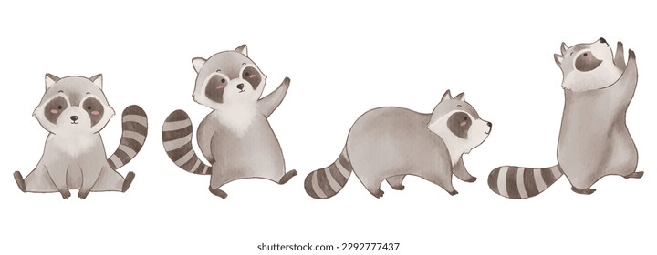 Raccoon . Watercolor painting design . Set of cute animal cartoon character . Vector .