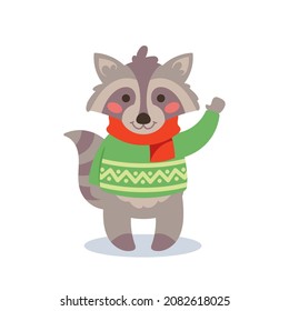 Raccoon Wear Funny Winter Sweaters and Scarf Waving Hand Greeting New Year or Christmas. Cute Forest Animal Cartoon Character Xmas Celebrate Holidays Isolated on White Background. Vector Illustration