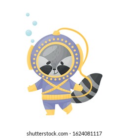Raccoon Wearing Diving Suit Scuba Diving Underwater Vector Illustration
