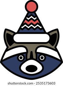 A raccoon wearing a hat and a party hat. The raccoon is smiling and looking at the camera