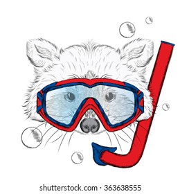 Raccoon wearing a mask for diving. Swimmer. Hipster. 