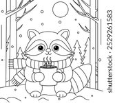 Raccoon wearing mittens and holding a steaming cup of hot cocoa in the snowy woods outline coloring page. Christmas and Winter Animal Illustration 