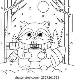 Raccoon wearing mittens and holding a steaming cup of hot cocoa in the snowy woods outline coloring page. Christmas and Winter Animal Illustration 