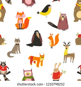 Raccoon and wolf, fox and owl bird wearing scarf vector.