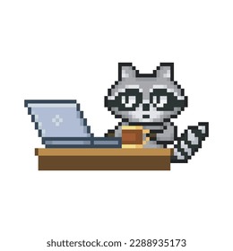 Raccoon working on the computer, pixel art animal