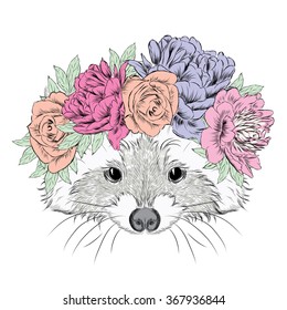 Raccoon in a wreath.  Vector illustration for greeting card, poster, or print on clothes.