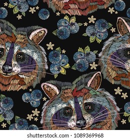 Raccoons and bilberry berries embroidery seamless pattern. Classical embroidery portrait of funny raccoon pattern. Fashion template for clothes, textiles, t-shirt design