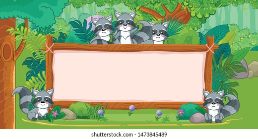 raccoons with a blank sign wood in the jungle