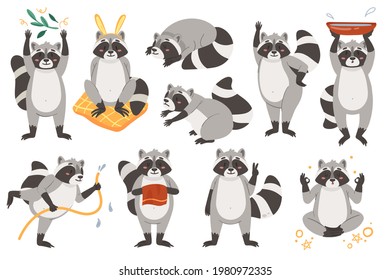 Raccoons lindo juego de ilustración de vector animal. Caricatura graciosos personajes cómicos de racoon en diferentes poses adorables colección infantil, saludando durmiendo haciendo meditación de yoga aislada en blanco