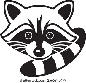 Raccoon's face with its distinctive mask-like markings and bushy tail vector illustration