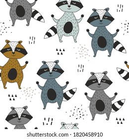 Raccoons, hand drawn backdrop. Colorful seamless pattern with animals. Decorative cute wallpaper, good for printing. Overlapping background vector. Design illustration